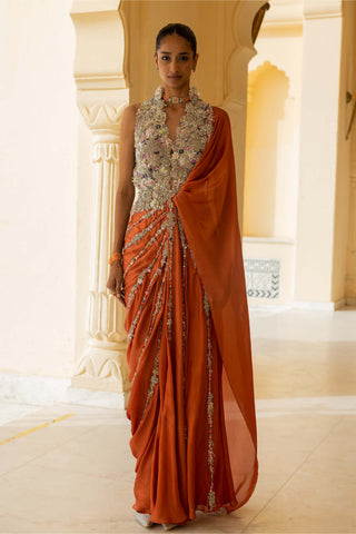 Gaia coral draped sari dress