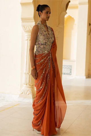 Gaia coral draped sari dress