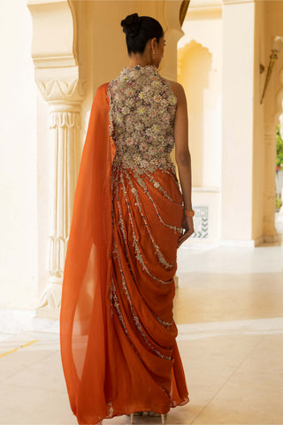 Gaia coral draped sari dress