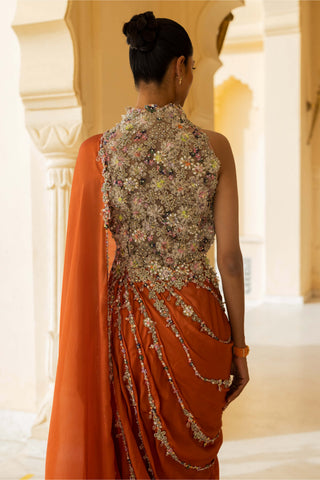 Gaia coral draped sari dress