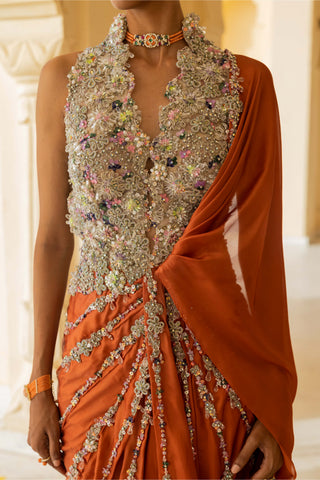 Gaia coral draped sari dress
