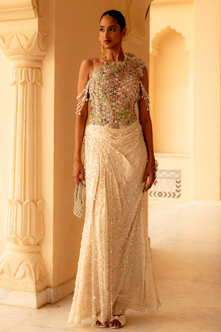 Meliea pearl embellished draped gown
