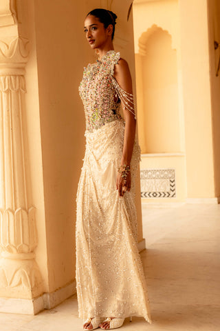 Meliea pearl embellished draped gown