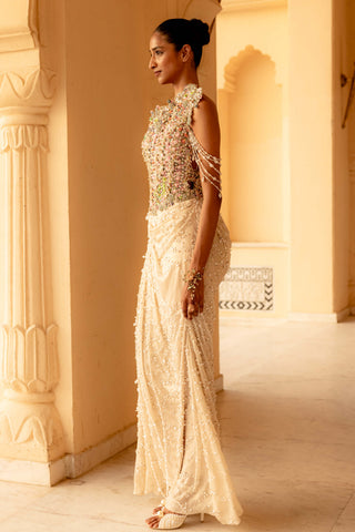 Meliea pearl embellished draped gown