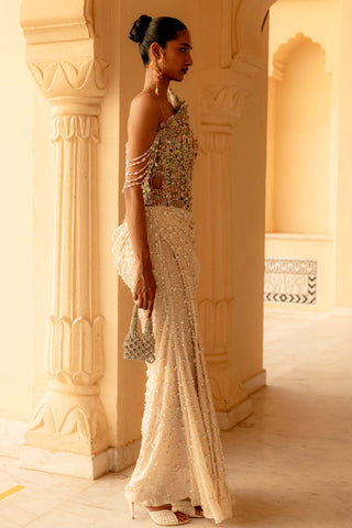 Meliea pearl embellished draped gown