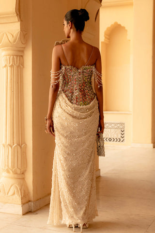 Meliea pearl embellished draped gown