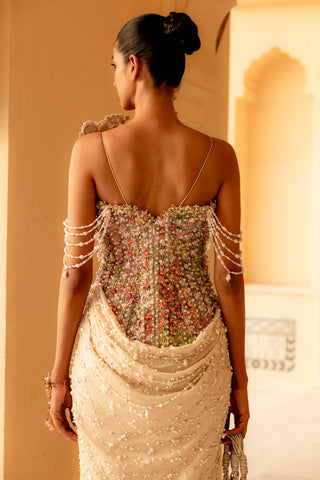 Meliea pearl embellished draped gown