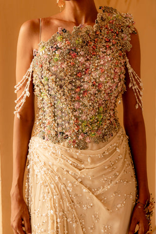Meliea pearl embellished draped gown