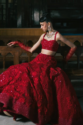 Daphene Red Lehenga Set by Mishru, available on Indiaspopup.com