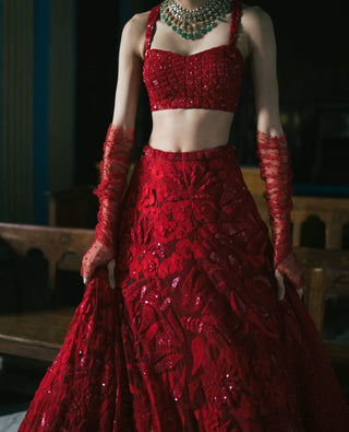 Daphene Red Lehenga Set by Mishru, available on Indiaspopup.com