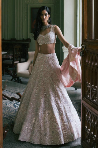 Lyana Nude Pink Floral Lehenga Set by Mishru, available on Indiaspopup.com