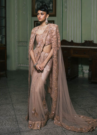 Lysa Gold Sari And Cape Set by Mishru, available on Indiaspopup.com