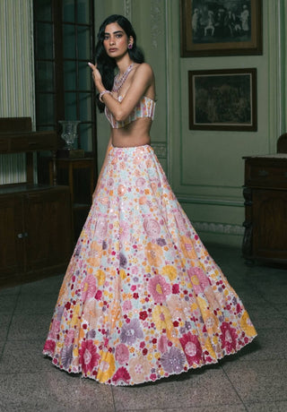 Ivory Iris Floral Lehenga Set by Mishru, available on Indiaspopup.com