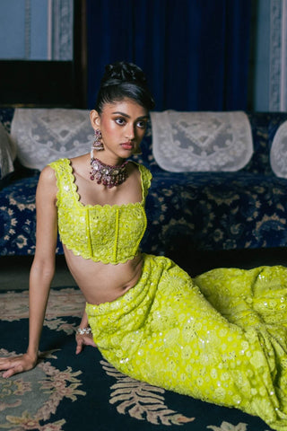 Celosia Lime Green Lehenga Set by Mishru, available on Indiaspopup.com