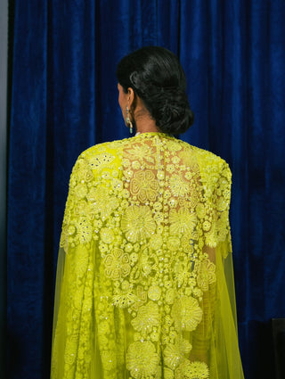 Adelline Lime Green Sari And Cape Set by Mishru, available on Indiaspopup.com