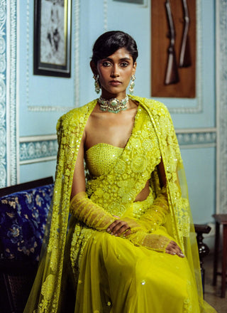 Adelline Lime Green Sari And Cape Set by Mishru, available on Indiaspopup.com