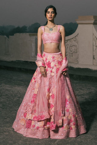 Daphene Peach Pink Floral Lehenga Set by Mishru, available on Indiaspopup.com