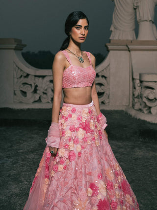 Daphene Peach Pink Floral Lehenga Set by Mishru, available on Indiaspopup.com