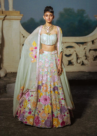 Mint Iris Lehenga Set by Mishru, available on Indiaspopup.com