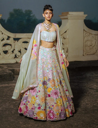 Mint Iris Lehenga Set by Mishru, available on Indiaspopup.com