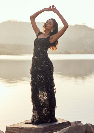 Zailey Black Layered Gown by Mishru, available on Indiaspopup.com