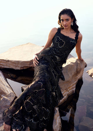 Zailey Black Layered Gown by Mishru, available on Indiaspopup.com