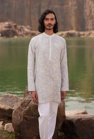 Kabir Cloudy Embroidered Bundi And Kurta Set by Mishru Men, available on Indiaspopup.com