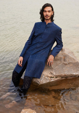 Laksa Navy Blue Sherwani And Pants by Mishru Men, available on Indiaspopup.com