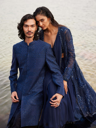 Laksa Navy Blue Sherwani And Pants by Mishru Men, available on Indiaspopup.com