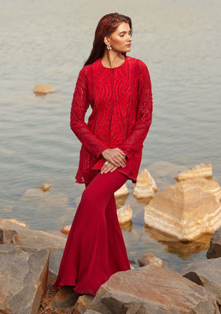 Lyla Red Kurta And Flared Pants by Mishru, available on Indiaspopup.com