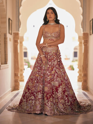 Cut ruby organza trail lehenga with bustier
