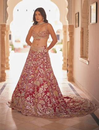 Cut ruby organza trail lehenga with bustier