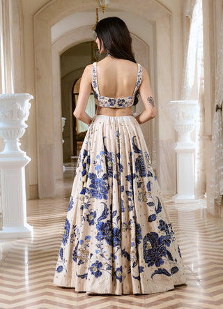 Ivory and blue chiniya lehenga set