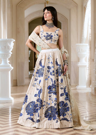 Ivory and blue chiniya lehenga set