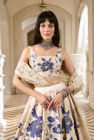 Ivory and blue chiniya lehenga set