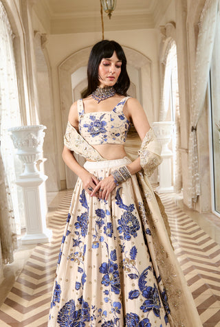 Ivory and blue chiniya lehenga set