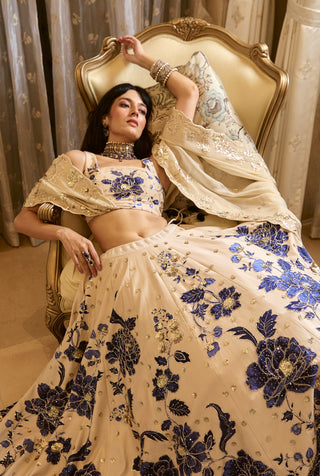 Ivory and blue chiniya lehenga set
