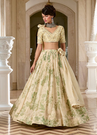 Ivory and green printed lehenga set