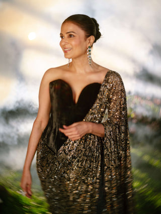 Midnight frost silver black drape sari and corset