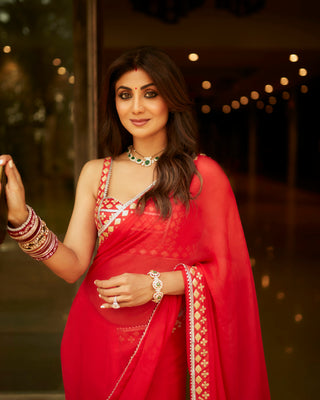 Gopi Vaid-Shilpa Red Drape Sari And Blouse-INDIASPOPUP.COM