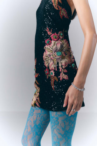 Black Sequin Embroidered Mini Dress