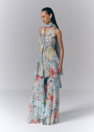 Ice Blue Aqua Mist Peplum And Sharara Set
