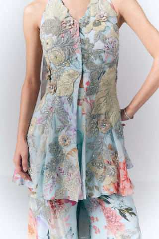 Ice Blue Aqua Mist Peplum And Sharara Set