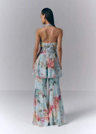 Ice Blue Aqua Mist Peplum And Sharara Set