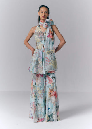 Ice Blue Aqua Mist Peplum And Sharara Set