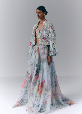 Ice blue celestial bloom jacket and skirt set