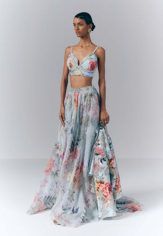 Ice blue celestial bloom jacket and skirt set