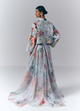 Ice blue celestial bloom jacket and skirt set