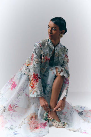 Ice blue celestial bloom jacket and skirt set
