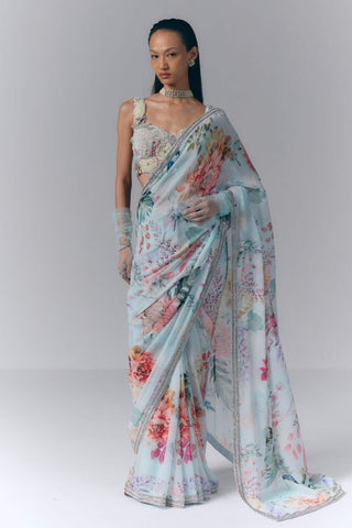 Ice Blue Ethereal Bloom Sari Set